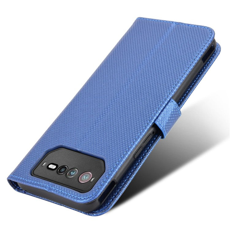For Asus ROG Phone 6 5G / Phone 6 Pro 5G Diamond Texture Magnetic Closure Handbag PU Leather Stand Flip Wallet Case with Strap - Blue