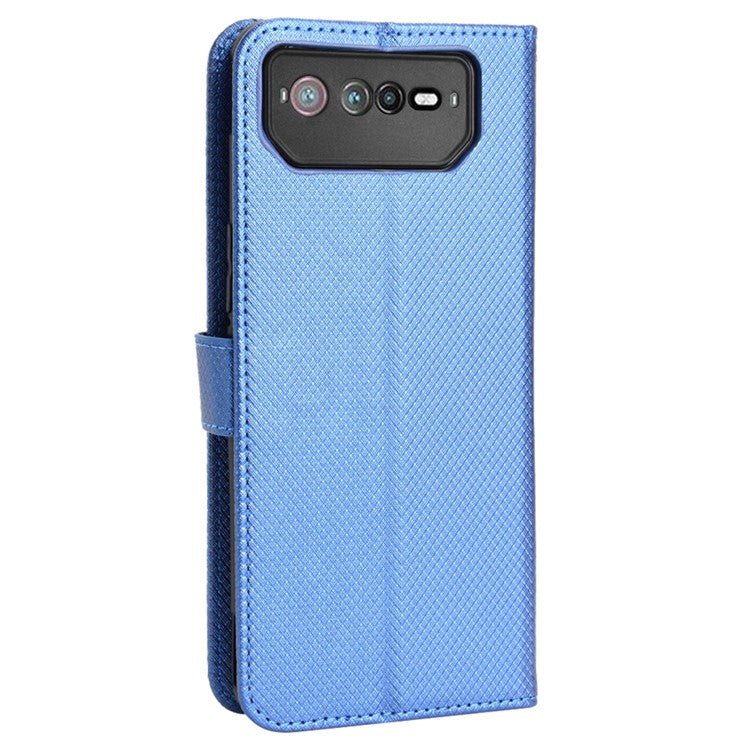 For Asus ROG Phone 6 5G / Phone 6 Pro 5G Diamond Texture Magnetic Closure Handbag PU Leather Stand Flip Wallet Case with Strap - Blue