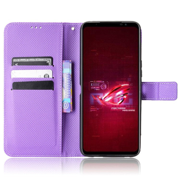 For Asus ROG Phone 6 5G / Phone 6 Pro 5G Diamond Texture Magnetic Closure Handbag PU Leather Stand Flip Wallet Case with Strap - Purple