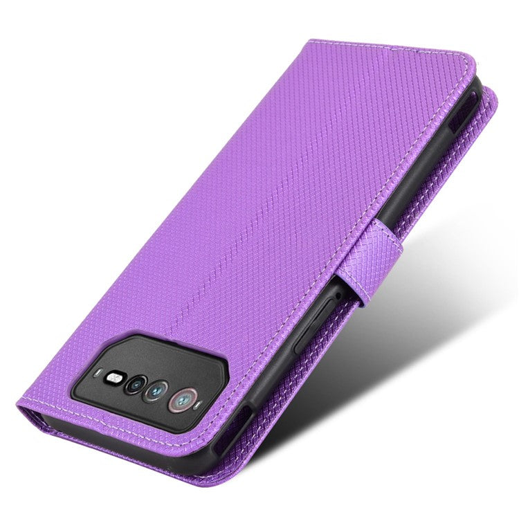 For Asus ROG Phone 6 5G / Phone 6 Pro 5G Diamond Texture Magnetic Closure Handbag PU Leather Stand Flip Wallet Case with Strap - Purple
