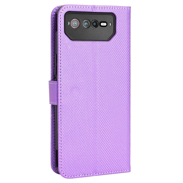 For Asus ROG Phone 6 5G / Phone 6 Pro 5G Diamond Texture Magnetic Closure Handbag PU Leather Stand Flip Wallet Case with Strap - Purple
