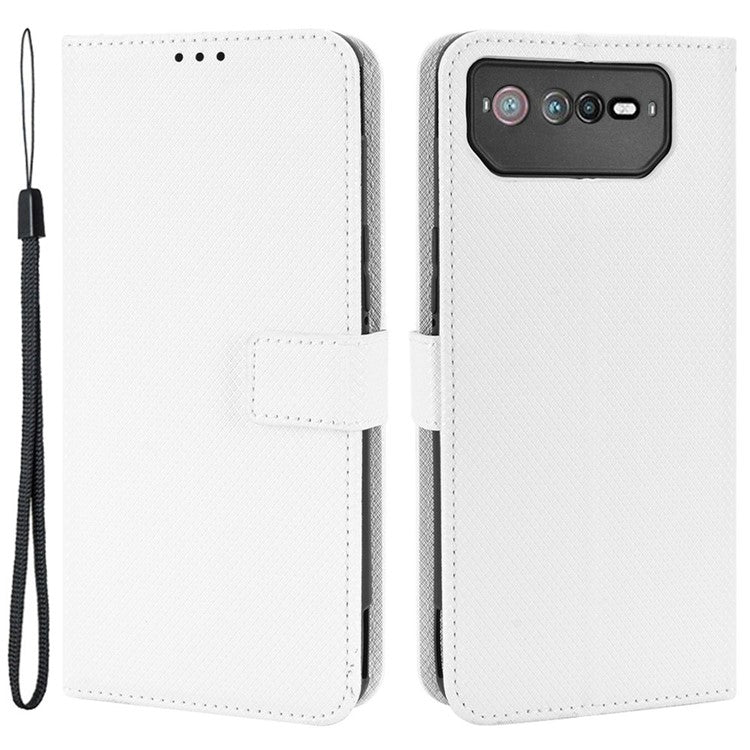 For Asus ROG Phone 6 5G / Phone 6 Pro 5G Diamond Texture Magnetic Closure Handbag PU Leather Stand Flip Wallet Case with Strap - White