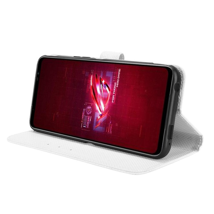 For Asus ROG Phone 6 5G / Phone 6 Pro 5G Diamond Texture Magnetic Closure Handbag PU Leather Stand Flip Wallet Case with Strap - White