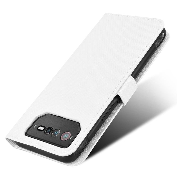 For Asus ROG Phone 6 5G / Phone 6 Pro 5G Diamond Texture Magnetic Closure Handbag PU Leather Stand Flip Wallet Case with Strap - White