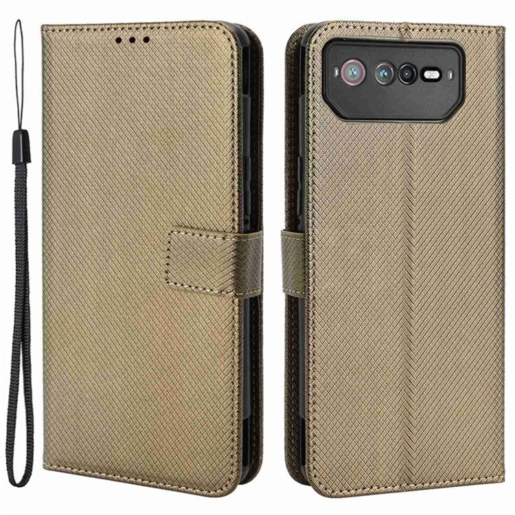 For Asus ROG Phone 6 5G / Phone 6 Pro 5G Diamond Texture Magnetic Closure Handbag PU Leather Stand Flip Wallet Case with Strap - Brown