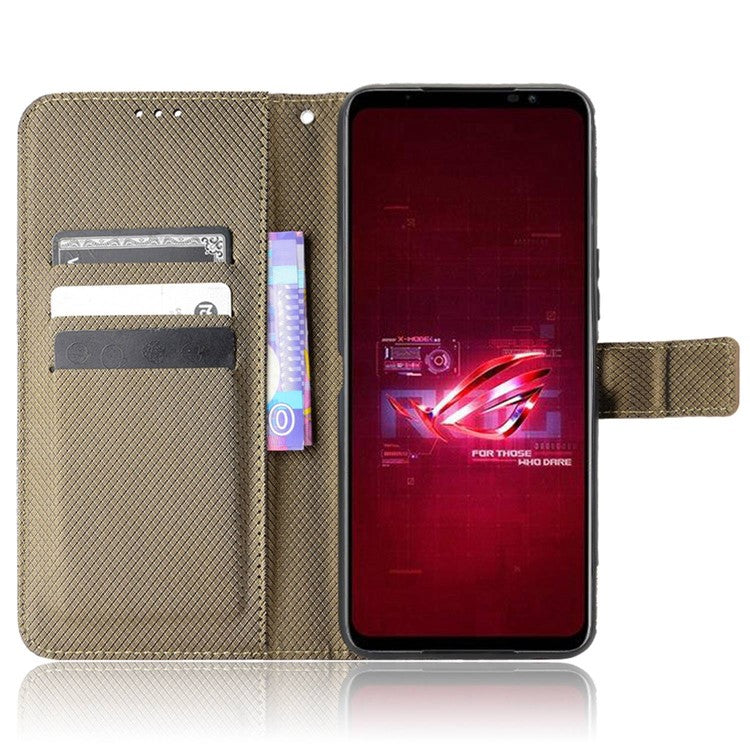 For Asus ROG Phone 6 5G / Phone 6 Pro 5G Diamond Texture Magnetic Closure Handbag PU Leather Stand Flip Wallet Case with Strap - Brown