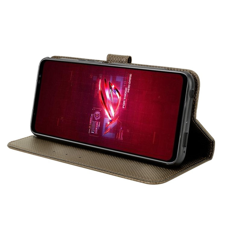 For Asus ROG Phone 6 5G / Phone 6 Pro 5G Diamond Texture Magnetic Closure Handbag PU Leather Stand Flip Wallet Case with Strap - Brown