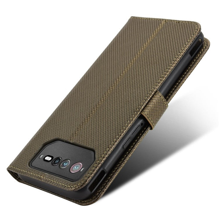 For Asus ROG Phone 6 5G / Phone 6 Pro 5G Diamond Texture Magnetic Closure Handbag PU Leather Stand Flip Wallet Case with Strap - Brown