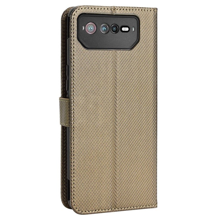 For Asus ROG Phone 6 5G / Phone 6 Pro 5G Diamond Texture Magnetic Closure Handbag PU Leather Stand Flip Wallet Case with Strap - Brown