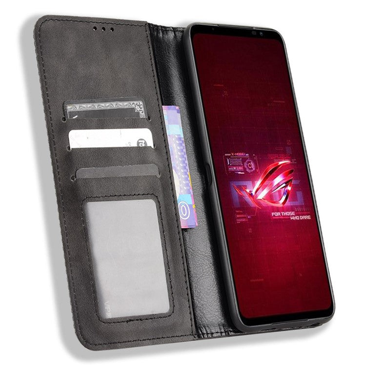 For Asus ROG Phone 6 5G / Phone 6 Pro 5G Retro Texture PU Leather Magnetic Auto Closing Case Full Inclusive Protective Wallet Stand Cover - Black