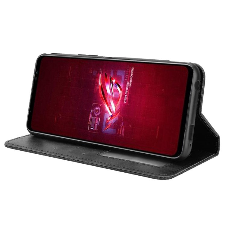 For Asus ROG Phone 6 5G / Phone 6 Pro 5G Retro Texture PU Leather Magnetic Auto Closing Case Full Inclusive Protective Wallet Stand Cover - Black