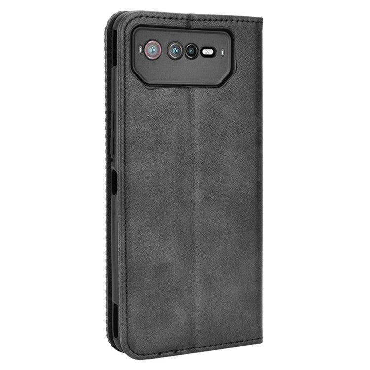 For Asus ROG Phone 6 5G / Phone 6 Pro 5G Retro Texture PU Leather Magnetic Auto Closing Case Full Inclusive Protective Wallet Stand Cover - Black
