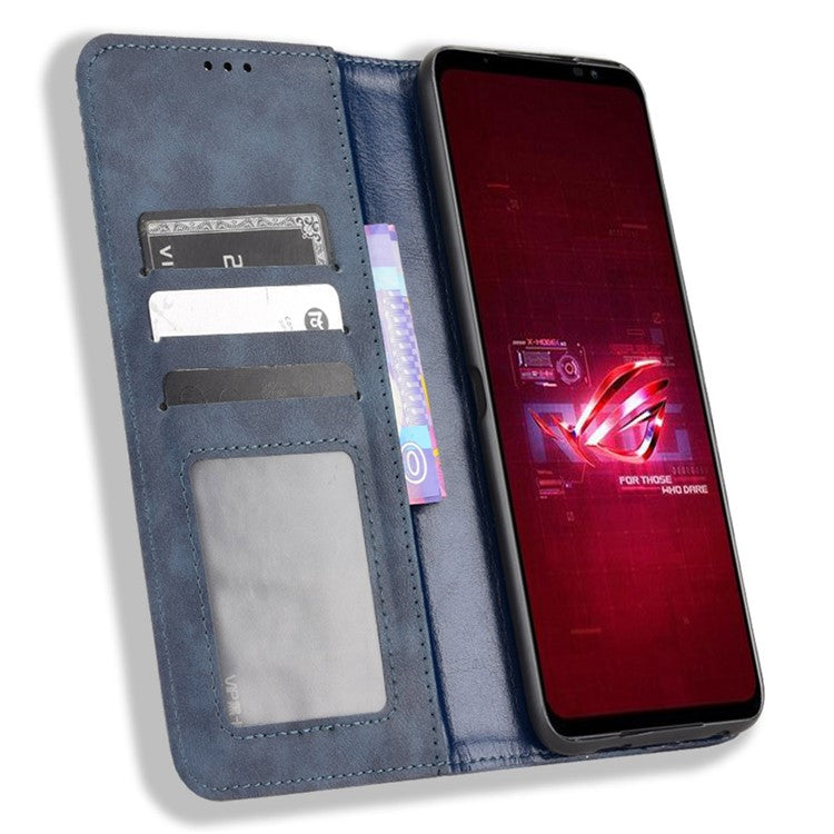 For Asus ROG Phone 6 5G / Phone 6 Pro 5G Retro Texture PU Leather Magnetic Auto Closing Case Full Inclusive Protective Wallet Stand Cover - Blue