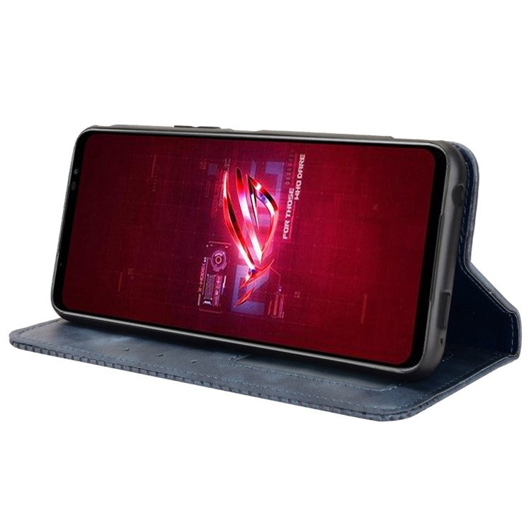 For Asus ROG Phone 6 5G / Phone 6 Pro 5G Retro Texture PU Leather Magnetic Auto Closing Case Full Inclusive Protective Wallet Stand Cover - Blue
