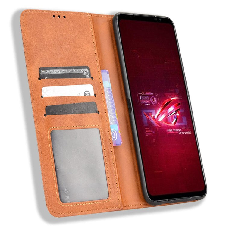 For Asus ROG Phone 6 5G / Phone 6 Pro 5G Retro Texture PU Leather Magnetic Auto Closing Case Full Inclusive Protective Wallet Stand Cover - Brown
