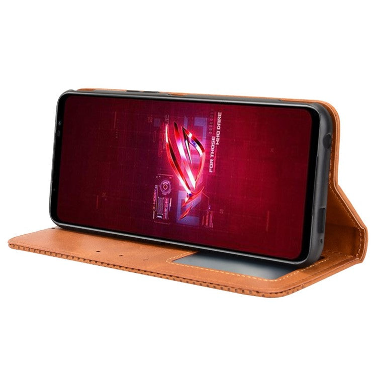 For Asus ROG Phone 6 5G / Phone 6 Pro 5G Retro Texture PU Leather Magnetic Auto Closing Case Full Inclusive Protective Wallet Stand Cover - Brown
