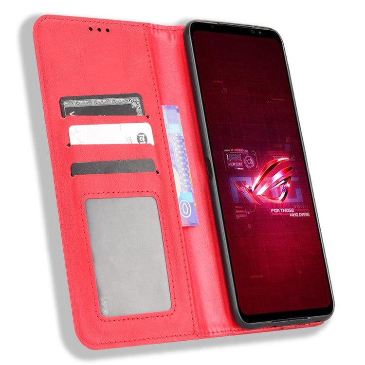 For Asus ROG Phone 6 5G / Phone 6 Pro 5G Retro Texture PU Leather Magnetic Auto Closing Case Full Inclusive Protective Wallet Stand Cover - Red