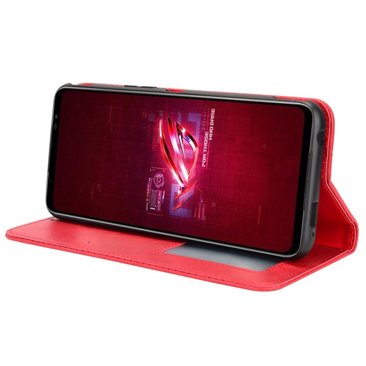 For Asus ROG Phone 6 5G / Phone 6 Pro 5G Retro Texture PU Leather Magnetic Auto Closing Case Full Inclusive Protective Wallet Stand Cover - Red