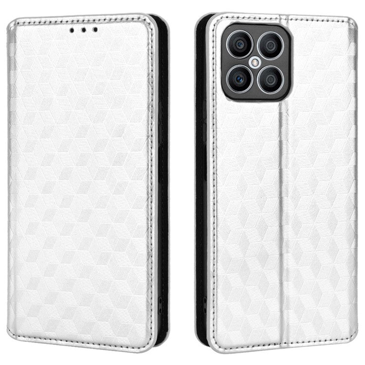 For Honor X8 4G / X30i Magnetic Auto-absorbed PU Leather Case Imprinting Rhombus Pattern Phone Wallet Stand Cover - Silver