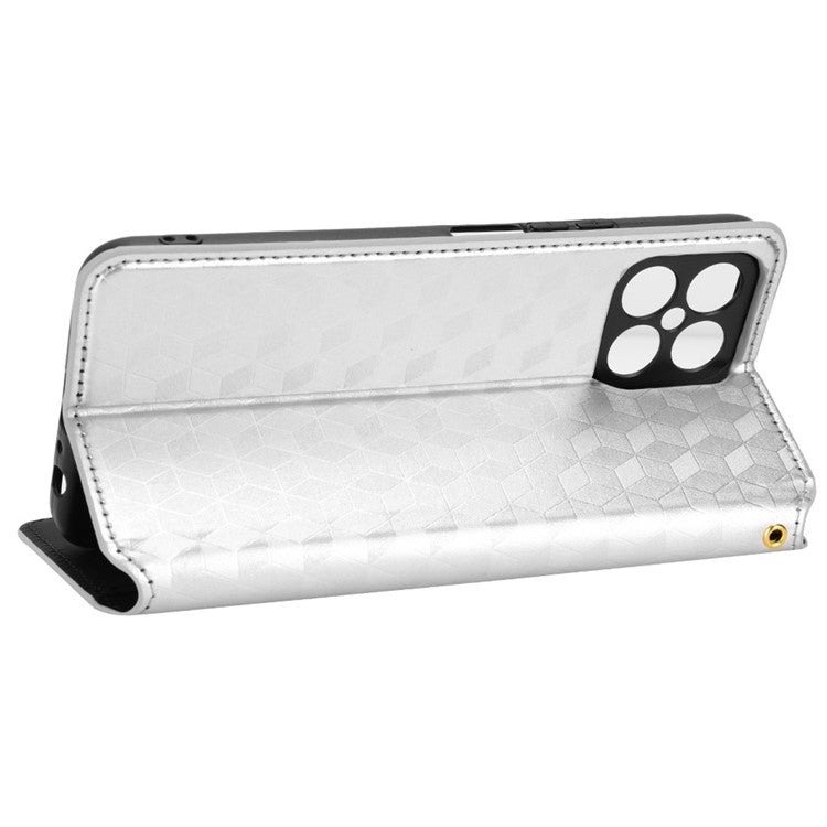 For Honor X8 4G / X30i Magnetic Auto-absorbed PU Leather Case Imprinting Rhombus Pattern Phone Wallet Stand Cover - Silver