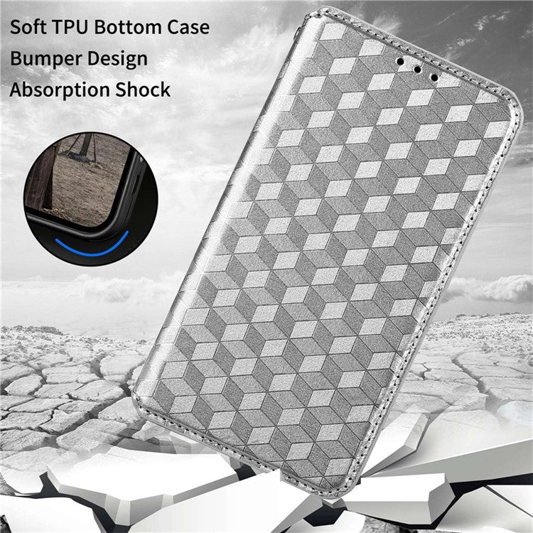 For Honor X8 4G / X30i Magnetic Auto-absorbed PU Leather Case Imprinting Rhombus Pattern Phone Wallet Stand Cover - Silver