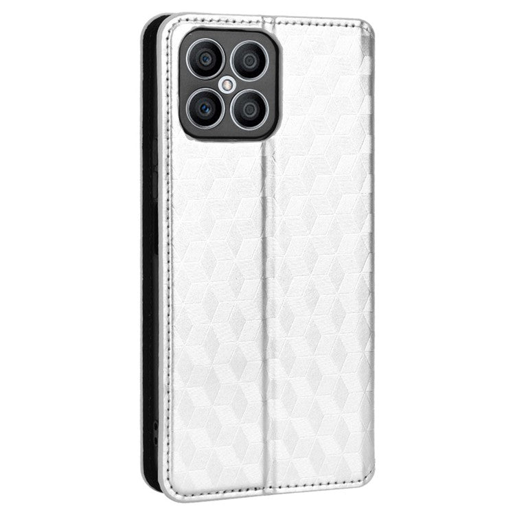 For Honor X8 4G / X30i Magnetic Auto-absorbed PU Leather Case Imprinting Rhombus Pattern Phone Wallet Stand Cover - Silver