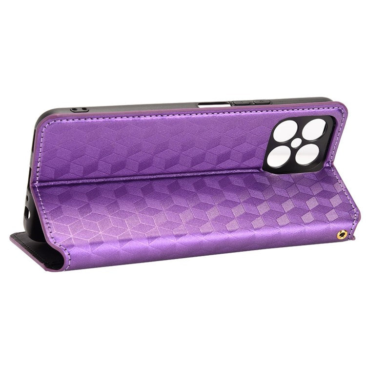 For Honor X8 4G / X30i Magnetic Auto-absorbed PU Leather Case Imprinting Rhombus Pattern Phone Wallet Stand Cover - Purple