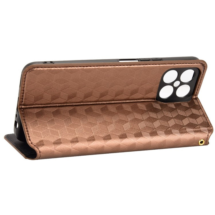 For Honor X8 4G / X30i Magnetic Auto-absorbed PU Leather Case Imprinting Rhombus Pattern Phone Wallet Stand Cover - Brown