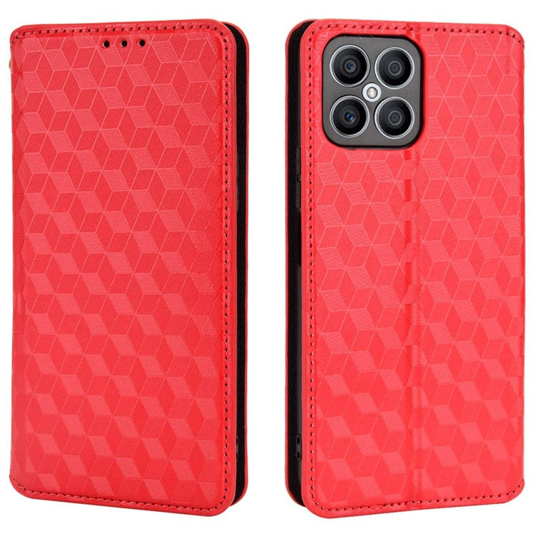 For Honor X8 4G / X30i Magnetic Auto-absorbed PU Leather Case Imprinting Rhombus Pattern Phone Wallet Stand Cover - Red