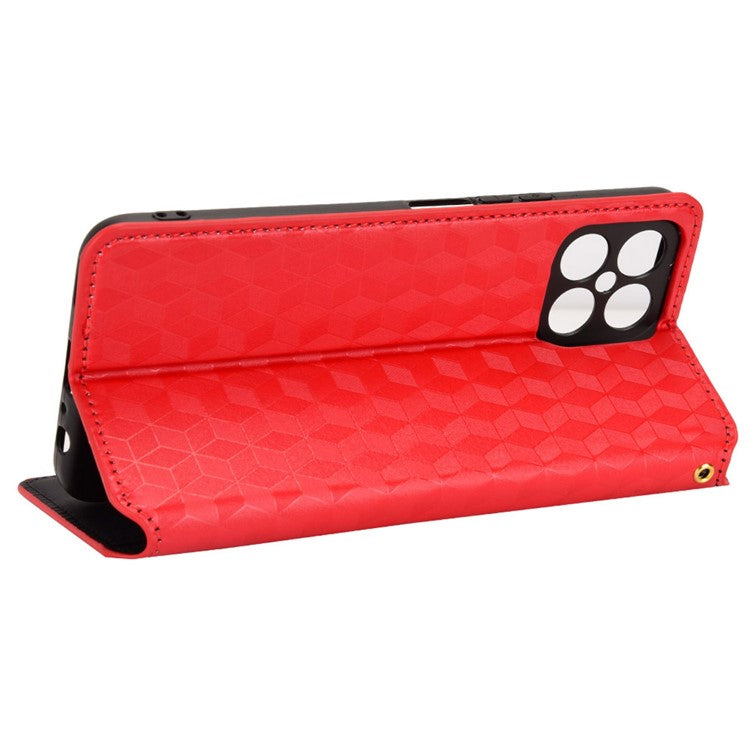 For Honor X8 4G / X30i Magnetic Auto-absorbed PU Leather Case Imprinting Rhombus Pattern Phone Wallet Stand Cover - Red