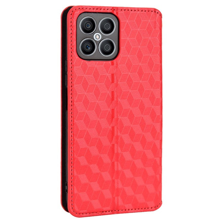For Honor X8 4G / X30i Magnetic Auto-absorbed PU Leather Case Imprinting Rhombus Pattern Phone Wallet Stand Cover - Red