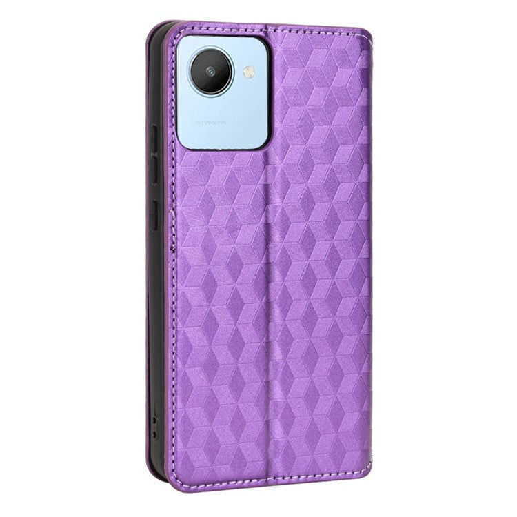 For Realme C30 4G Magnetic Auto-absorbed Stand Wallet Phone Case PU Leather Imprinting Rhombus Pattern Inner TPU Cover - Purple