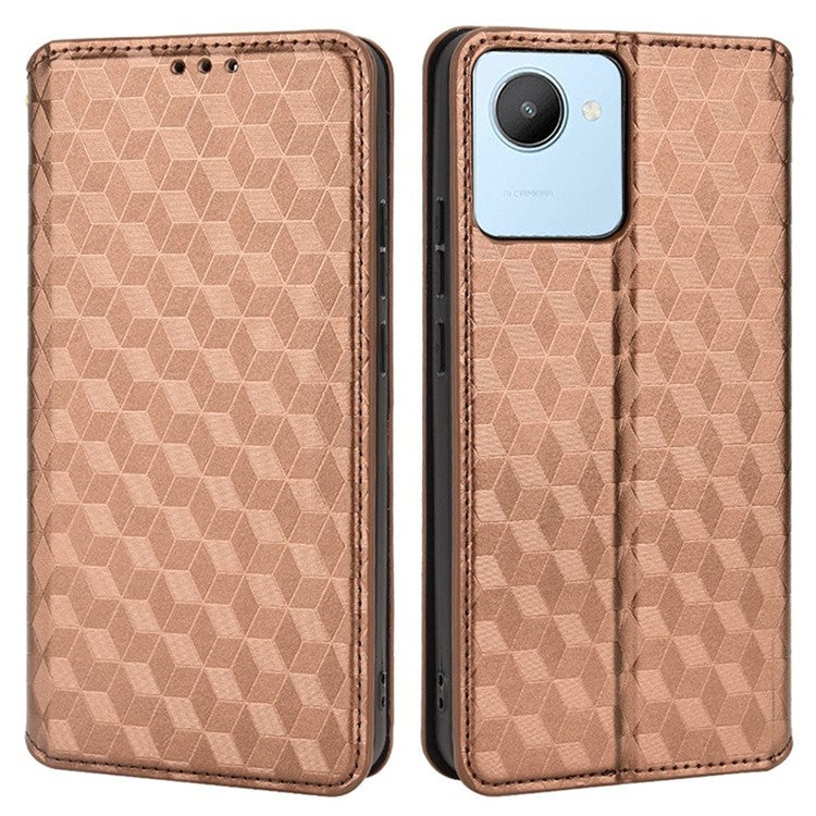 For Realme C30 4G Magnetic Auto-absorbed Stand Wallet Phone Case PU Leather Imprinting Rhombus Pattern Inner TPU Cover - Brown