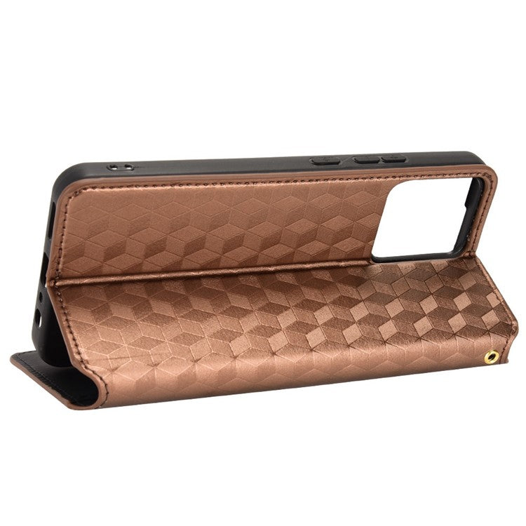 For Realme C30 4G Magnetic Auto-absorbed Stand Wallet Phone Case PU Leather Imprinting Rhombus Pattern Inner TPU Cover - Brown