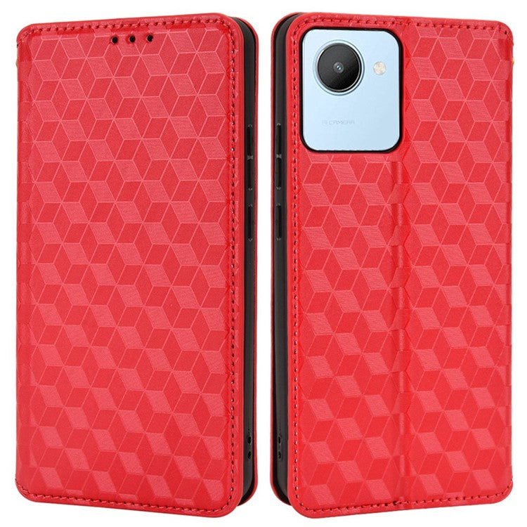 For Realme C30 4G Magnetic Auto-absorbed Stand Wallet Phone Case PU Leather Imprinting Rhombus Pattern Inner TPU Cover - Red
