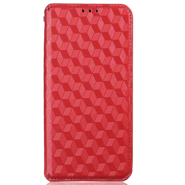 For Realme C30 4G Magnetic Auto-absorbed Stand Wallet Phone Case PU Leather Imprinting Rhombus Pattern Inner TPU Cover - Red