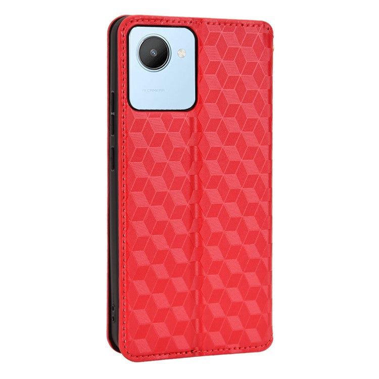 For Realme C30 4G Magnetic Auto-absorbed Stand Wallet Phone Case PU Leather Imprinting Rhombus Pattern Inner TPU Cover - Red