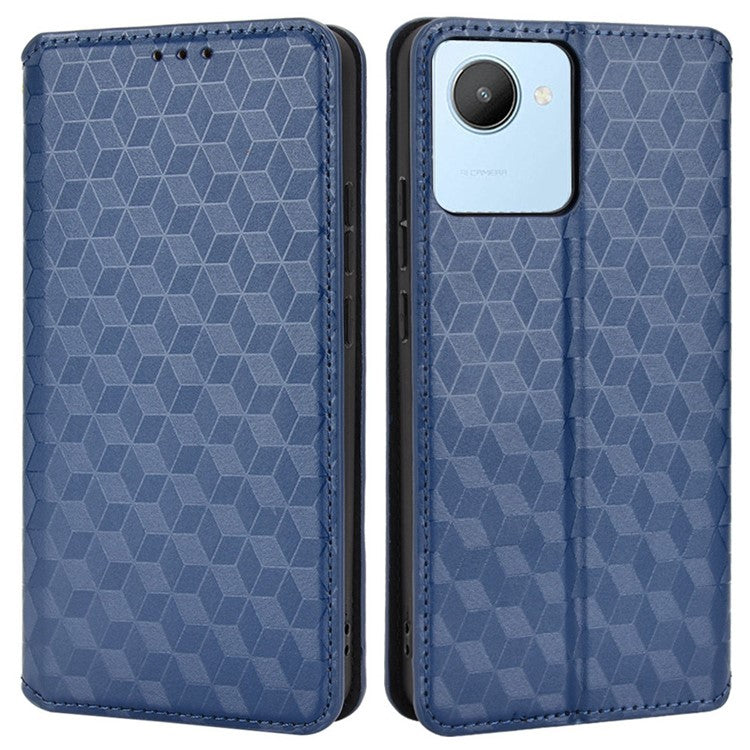 For Realme C30 4G Magnetic Auto-absorbed Stand Wallet Phone Case PU Leather Imprinting Rhombus Pattern Inner TPU Cover - Blue