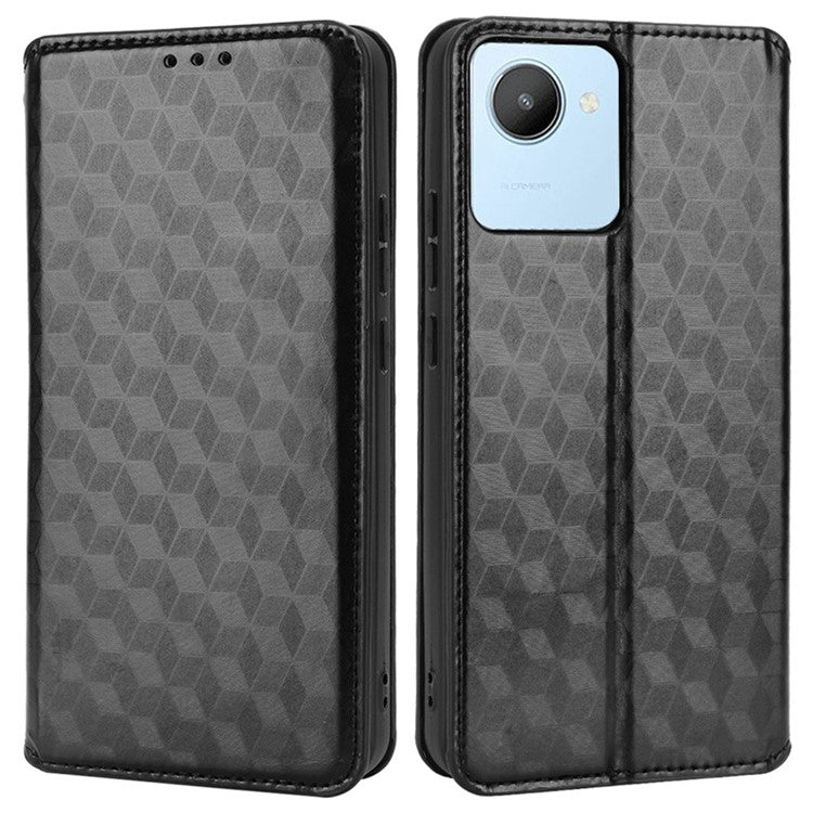 For Realme C30 4G Magnetic Auto-absorbed Stand Wallet Phone Case PU Leather Imprinting Rhombus Pattern Inner TPU Cover - Black
