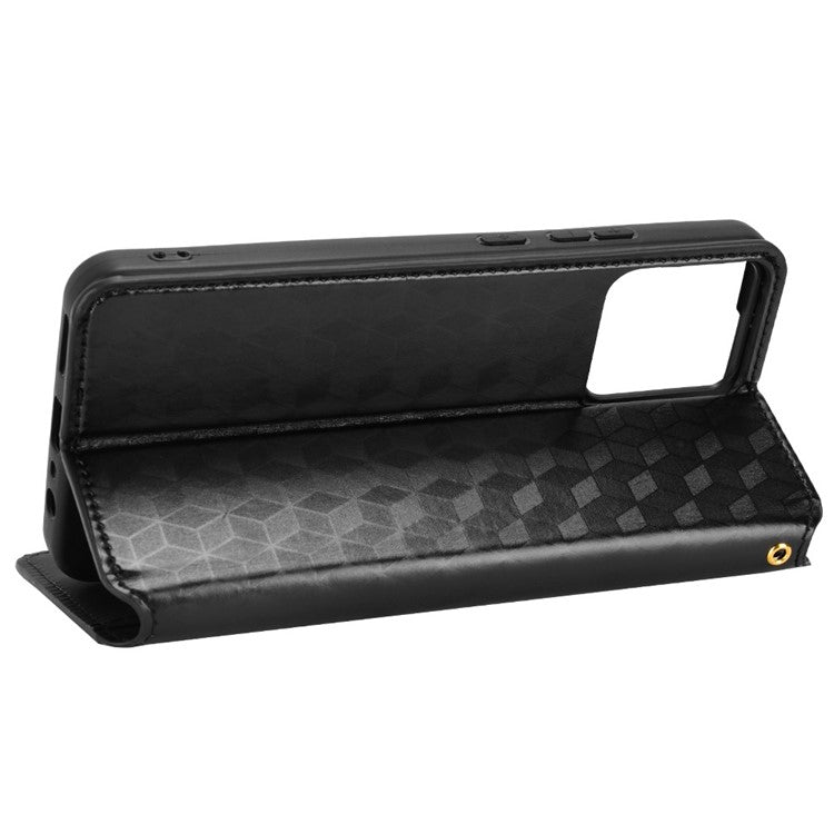 For Realme C30 4G Magnetic Auto-absorbed Stand Wallet Phone Case PU Leather Imprinting Rhombus Pattern Inner TPU Cover - Black