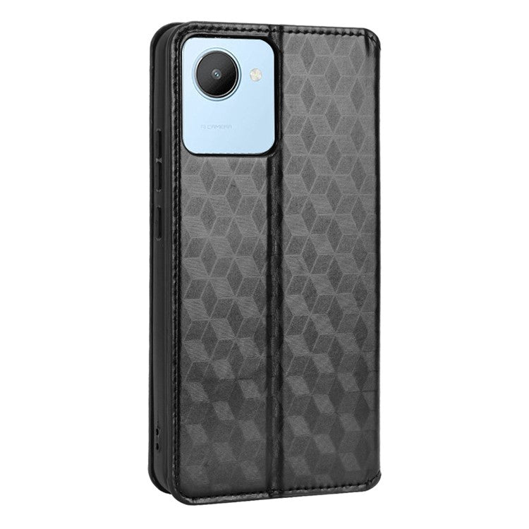 For Realme C30 4G Magnetic Auto-absorbed Stand Wallet Phone Case PU Leather Imprinting Rhombus Pattern Inner TPU Cover - Black