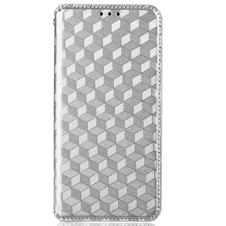 For Realme C30 4G Magnetic Auto-absorbed Stand Wallet Phone Case PU Leather Imprinting Rhombus Pattern Inner TPU Cover - Silver