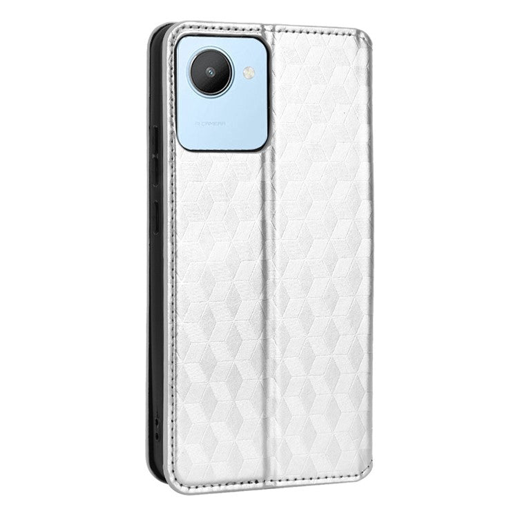 For Realme C30 4G Magnetic Auto-absorbed Stand Wallet Phone Case PU Leather Imprinting Rhombus Pattern Inner TPU Cover - Silver