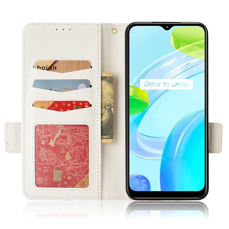 Litchi Texture PU Leather Case for Realme C30 4G, Side Magnetic Clasp Wallet Stand Protective Phone Cover - White