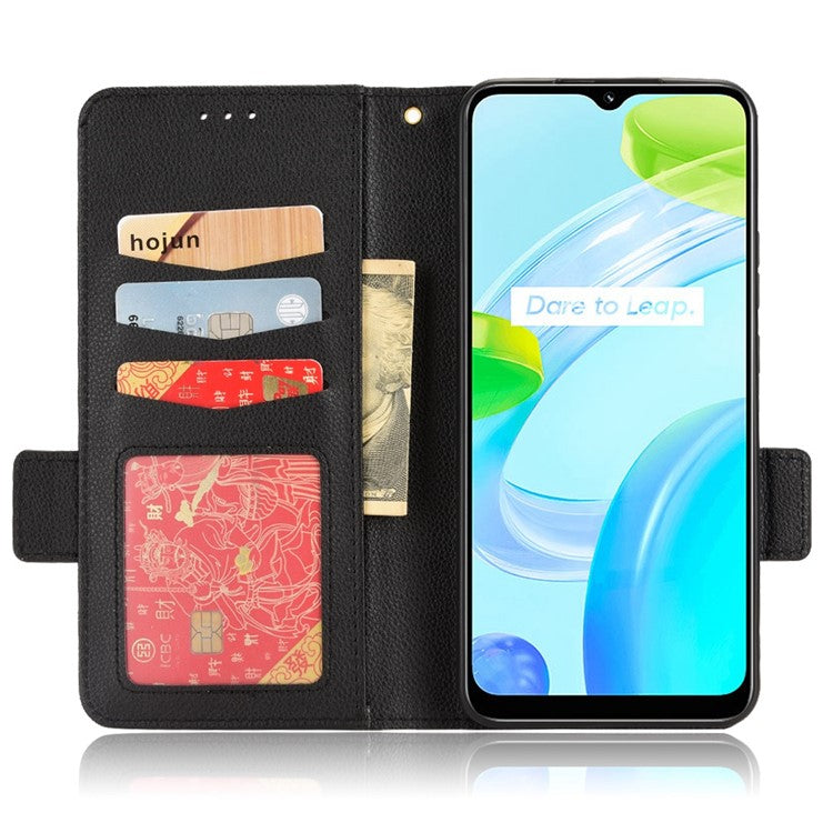 Litchi Texture PU Leather Case for Realme C30 4G, Side Magnetic Clasp Wallet Stand Protective Phone Cover - Black