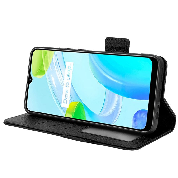 Litchi Texture PU Leather Case for Realme C30 4G, Side Magnetic Clasp Wallet Stand Protective Phone Cover - Black