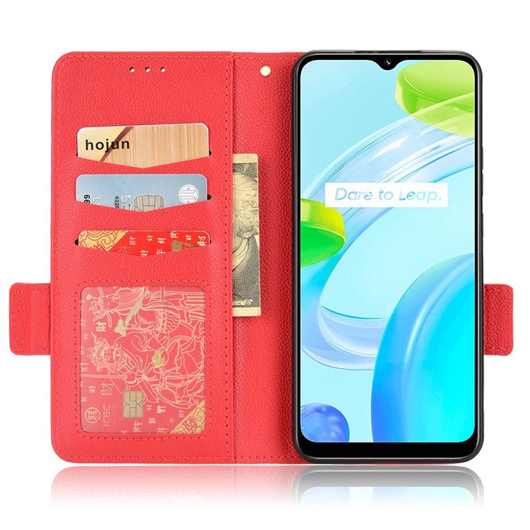 Litchi Texture PU Leather Case for Realme C30 4G, Side Magnetic Clasp Wallet Stand Protective Phone Cover - Red