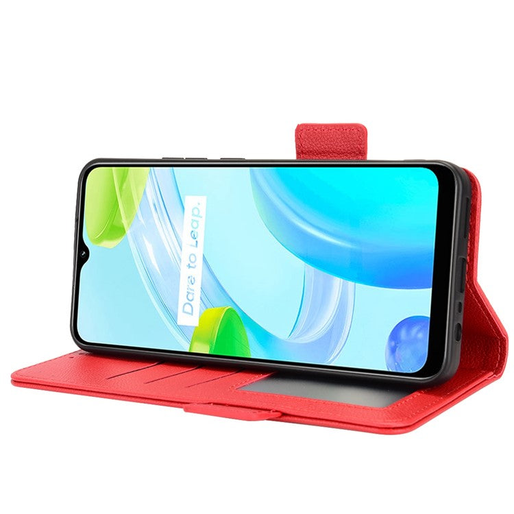 Litchi Texture PU Leather Case for Realme C30 4G, Side Magnetic Clasp Wallet Stand Protective Phone Cover - Red