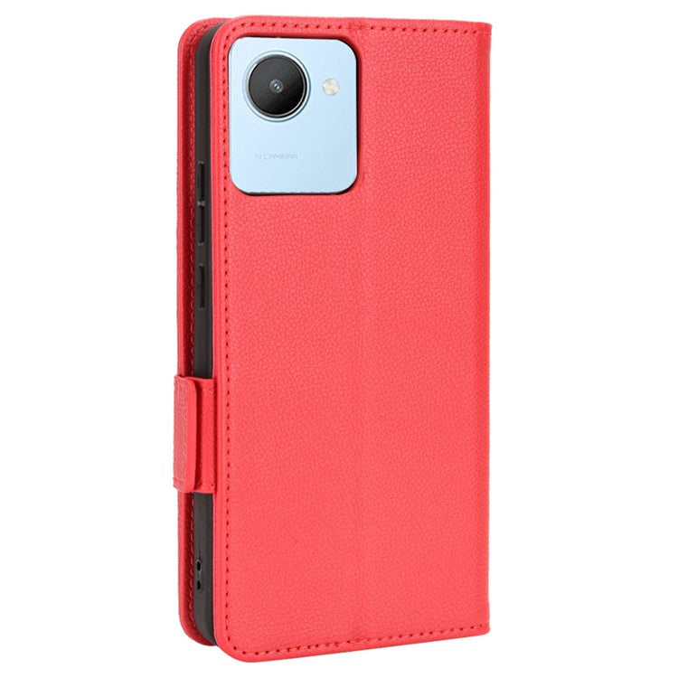 Litchi Texture PU Leather Case for Realme C30 4G, Side Magnetic Clasp Wallet Stand Protective Phone Cover - Red