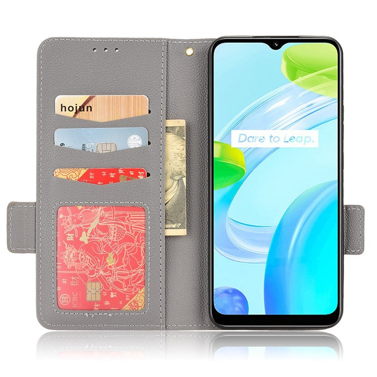 Litchi Texture PU Leather Case for Realme C30 4G, Side Magnetic Clasp Wallet Stand Protective Phone Cover - Grey